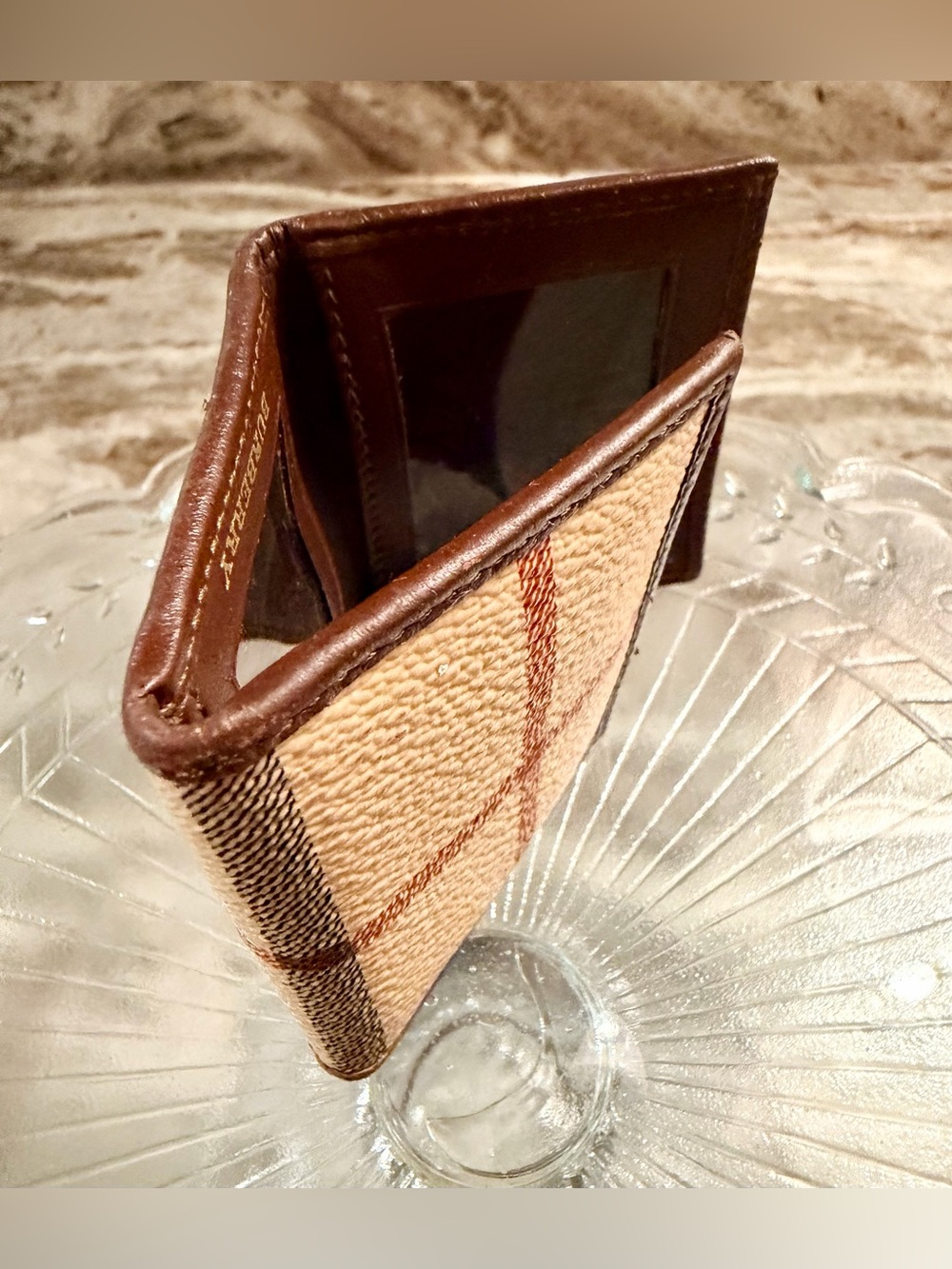 Authentic Burberry Beige Plaid Photo Holder with Brown Leather Trim